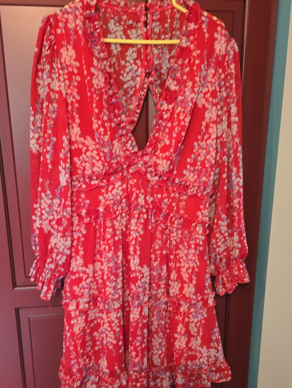 Floral Ruffle V-Neck Red Women's Dress